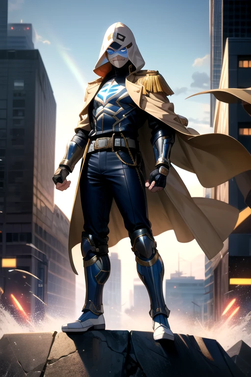 ((best quality)), ((masterpiece)), (detailed), 1 boy in a trench coat standing on a building, full body, 19 years old, masked, white mask covering his entire head and hair, superhero mask, black swimming goggles, blue eyes, black face mask, no hair, tall and slender, thin, long beige trench coat, open trench coat showing his emblem, black fingerless gloves, white wristbands, white superhero armor, white chest with emblem, luminous blue "I" letter emblem on chest, blue I-shaped emblem, letter I, black pants, white knee pads, metallic white shoes, superhero belt, nanotechnology in the air, city background, anime