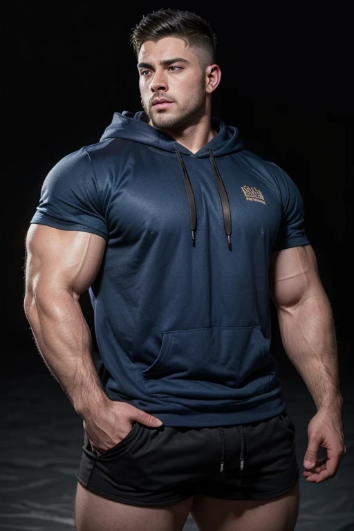 a very handsome man, with a Mid fade haircut, with massively large muscles, massively large body, with massively large arms, shoulders and chest, wearing a dark blue hoodie, wearing black shorts with a massively large bulge,