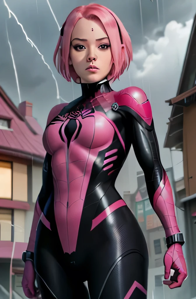 black and pink spider man suit, short pink hair, beautiful face, rain, roof, masterpiece, intricate detail, perfect anatomy, Sakura Haruno,