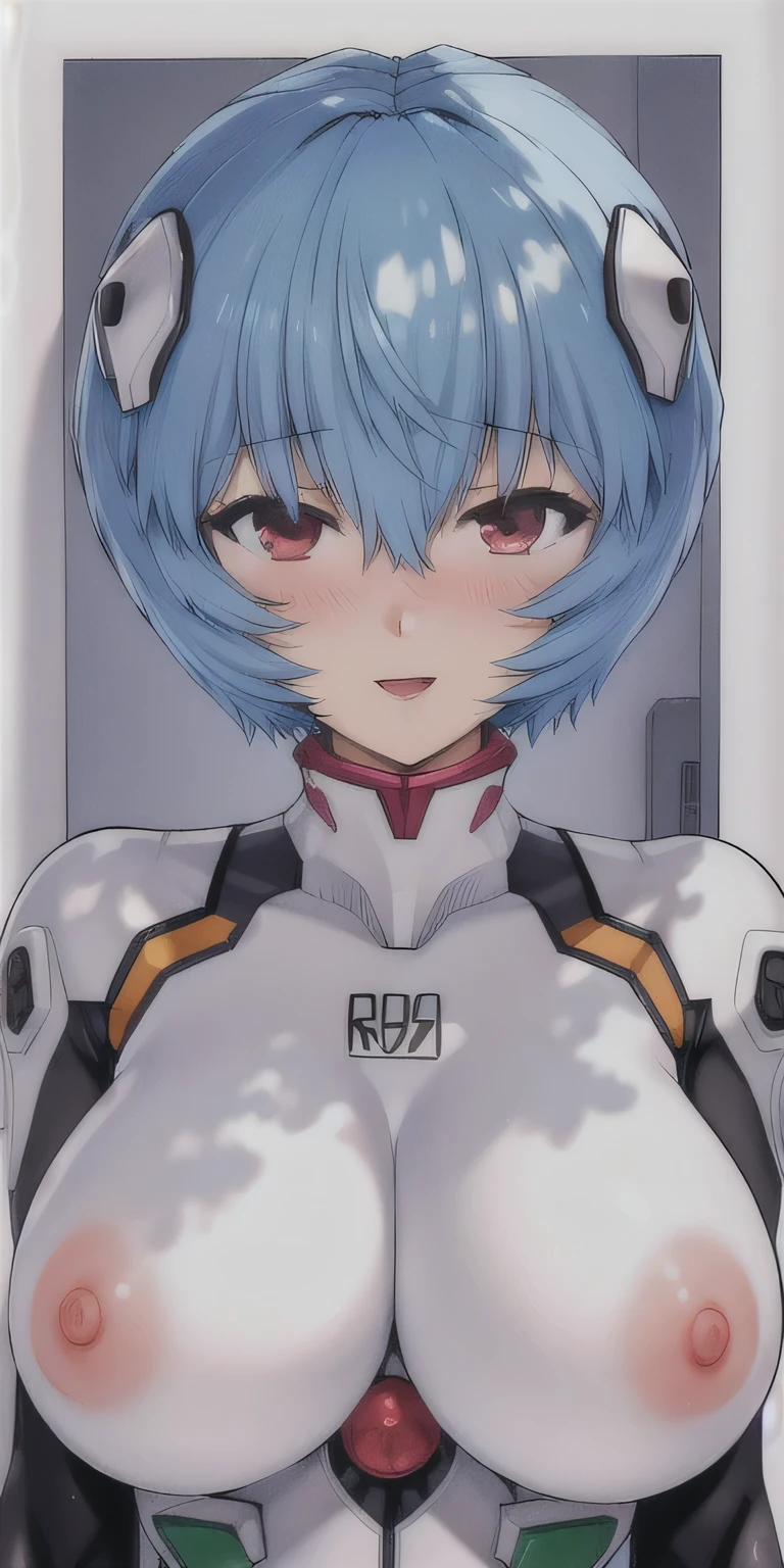 ayanami_rei_mogudan, huge_breasts, standing, solo, Rei_White_Plugsuit, masterpiece, best quality, detailed face, detailed eyes, highres,blush,nipples,(upper body),happy
