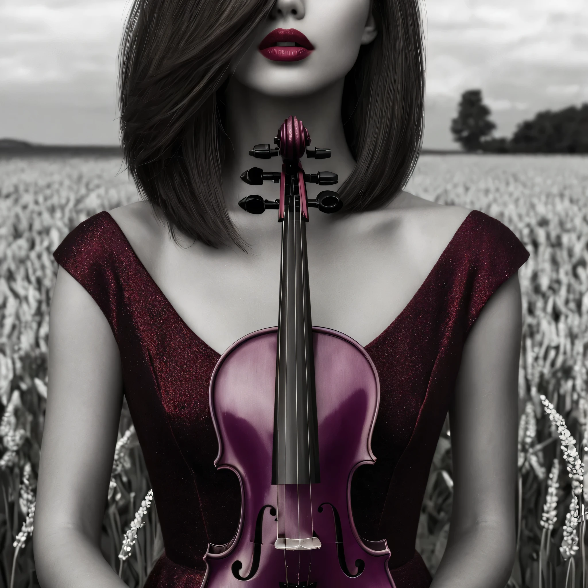 Improve the quality of details expand depth improve the color of the dress lipstick of the lips and violin improve shadows and depth improve resolution for better detail of the hair strands