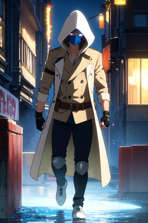 ((best quality)), ((masterpiece)), (detailed), 1 boy in a trench coat standing on a building, full body, 19 years old, masked, white mask covering his entire head and hair, superhero mask, black swimming goggles, blue eyes, black face mask, no hair, tall and slender, thin, long beige trench coat, open trench coat showing his emblem, black fingerless gloves, white wristbands, white superhero armor, white chest with emblem, luminous blue "I" letter emblem on chest, blue I-shaped emblem, letter I, black pants, white knee pads, metallic white shoes, superhero belt, nanotechnology in the air, city background, anime