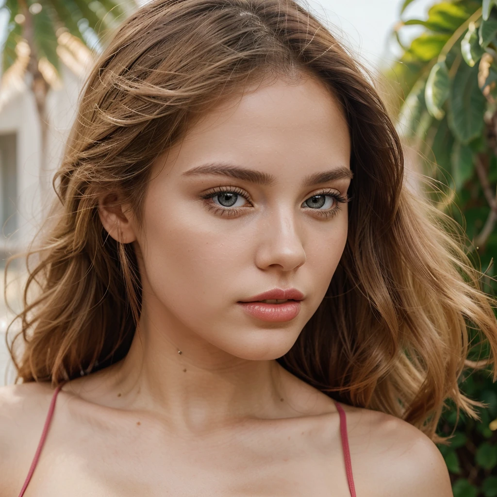 Generate for me an ultra-realistic, masterpiece, and detailed image of a young Spanish woman named Geovana, 20 years old, whose beauty is striking. She is 1.75 meters tall with long, blonde hair that shines under the sun, fair and smooth skin with a slight blush on her cheeks, vibrant blue eyes that are large and expressive with perfect features, with an intensity that captures attention, and a softly defined jawline. Her mouth is naturally full and softly pink, adorned with red lipstick, exuding a calm and serene look.