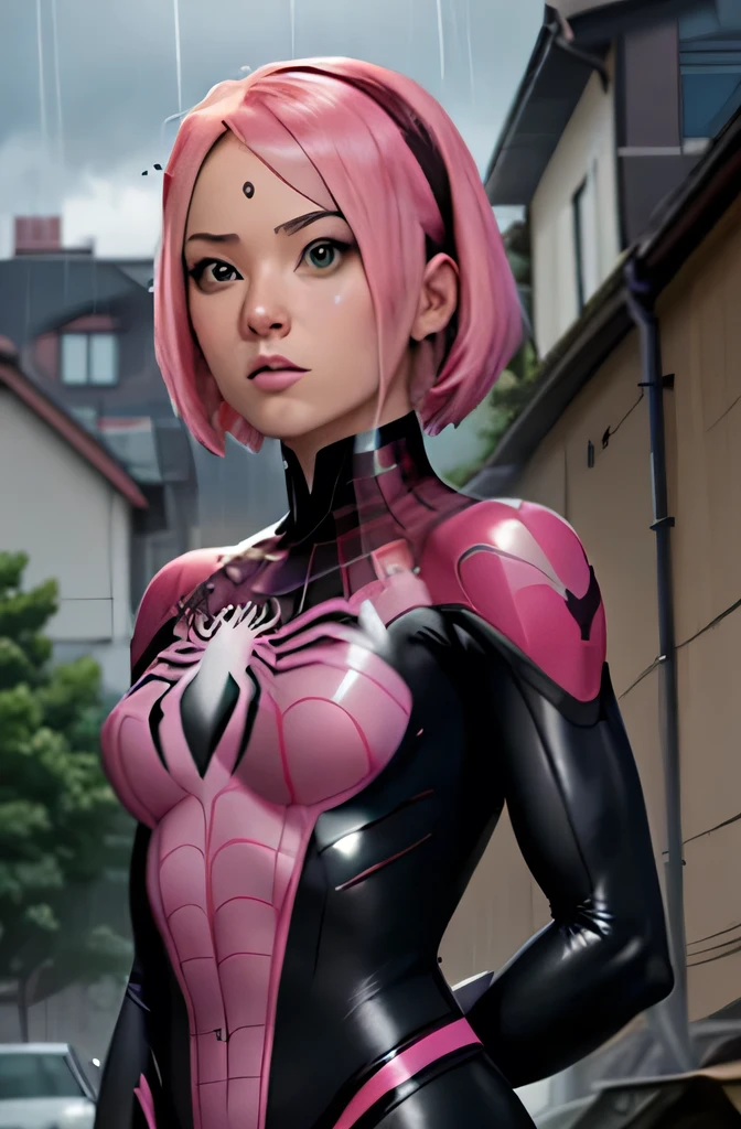 black and pink spider man suit, short pink hair, beautiful face, rain, roof, masterpiece, intricate detail, perfect anatomy, Sakura Haruno,