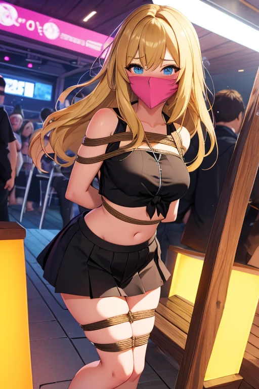 1 girl, detailed blue eyes, lange wimpern, detailed beautiful face, (very Long blonde hair:1.4), festgebunden, (arms behind back:1.6), gefesselte Arme, (blushing:1.3), (Big boobs:1.1), OTN, White OTN gag, Gag, gagged, bound knees and ankles, shibari over clothes, (black skirt, White crop top:1.4), standing in a beach night Club, many people around, tied gag, nah aufnahmen