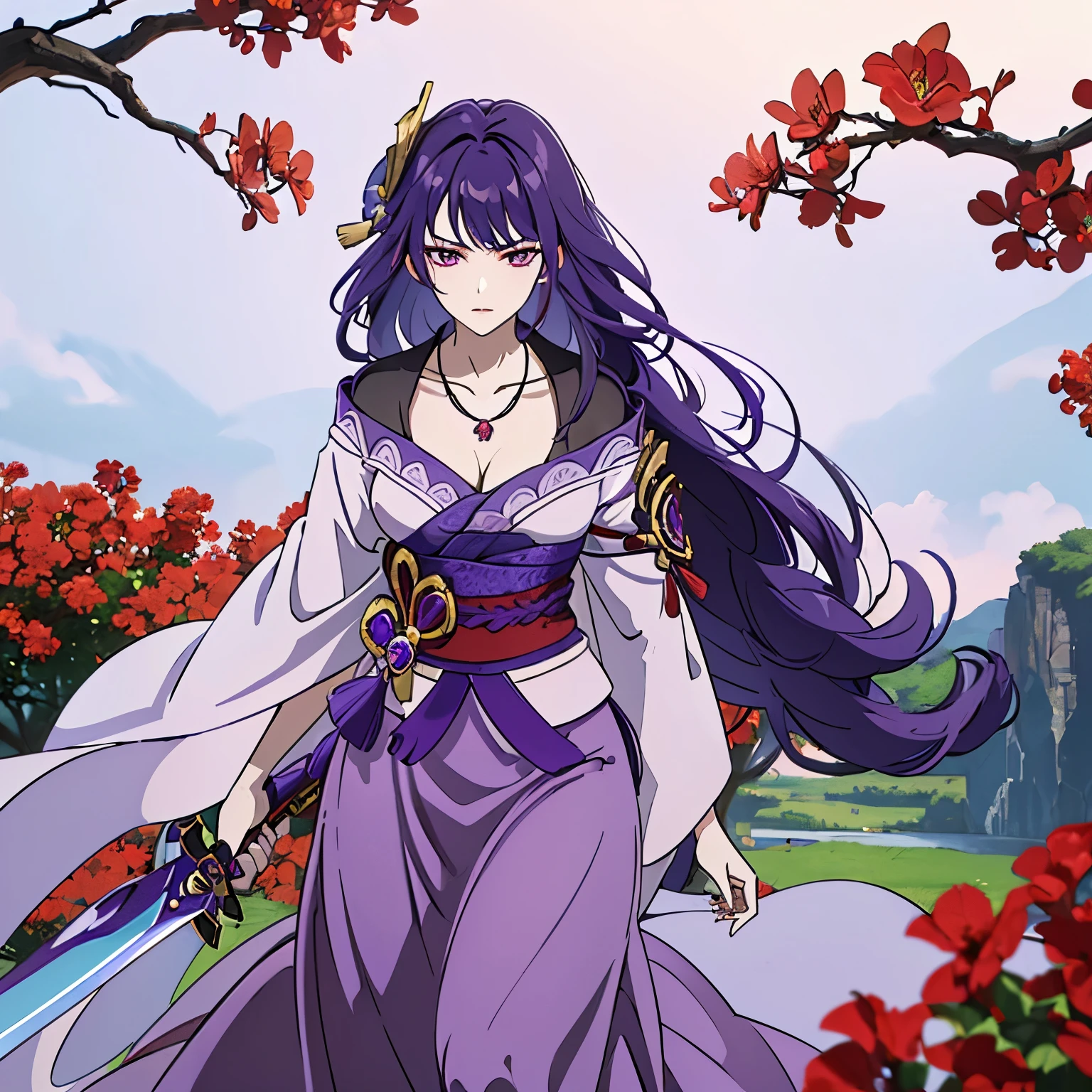 Best quality at best, Ultra-high resolution, (((1 girl))), (Long purple hair), (violet eyes), (Chinese clothes), (((Red Flowers necklace around her neck))), (Ultra Long Skirt), Hanfu, Yarn, Flowing light yarn, jewelry, (focal), (((Colorful))), particle fx , tmasterpiece, Best quality at best, beautiful painted, meticuloso, highly detailed, (tmasterpiece, Best quality at best） CG unified 8K wallpaper，((Fight)) , (blood), (weapon - sword), tmasterpiece，Best quality，ultra - detailed）, Super HD picture quality