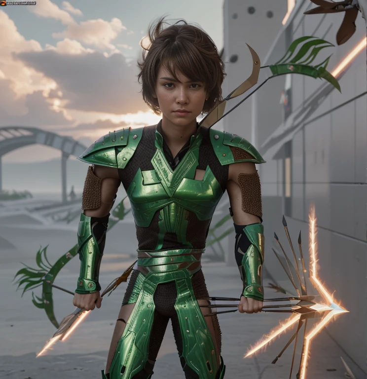 (ultra realistic,32k, masterpiece:1.2, UHD),(high detailed skin:1.1),( high quality:1.1), 1 boy, brown short hairs, brown eyes, green techno fantasy armor, cyberpunk, techno fantasy bow with energy arch,( energy arrows), caucasian race, light decourations