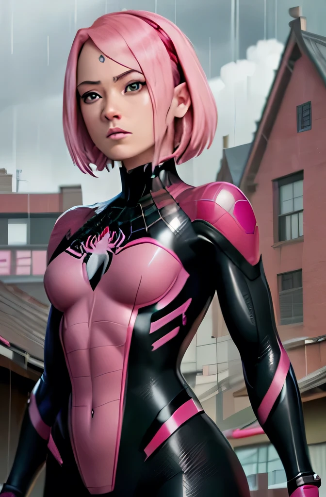 black and pink spider man suit, short pink hair, beautiful face, rain, roof, masterpiece, intricate detail, perfect anatomy, Sakura Haruno,