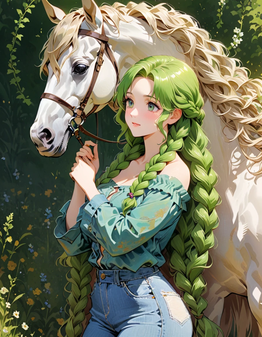 Girl with long hair in a denim shirt, Renaissance, светлые волосы заплетены в braids, braids, gorgeous hair, green glazes, background of meadows on which horses hang