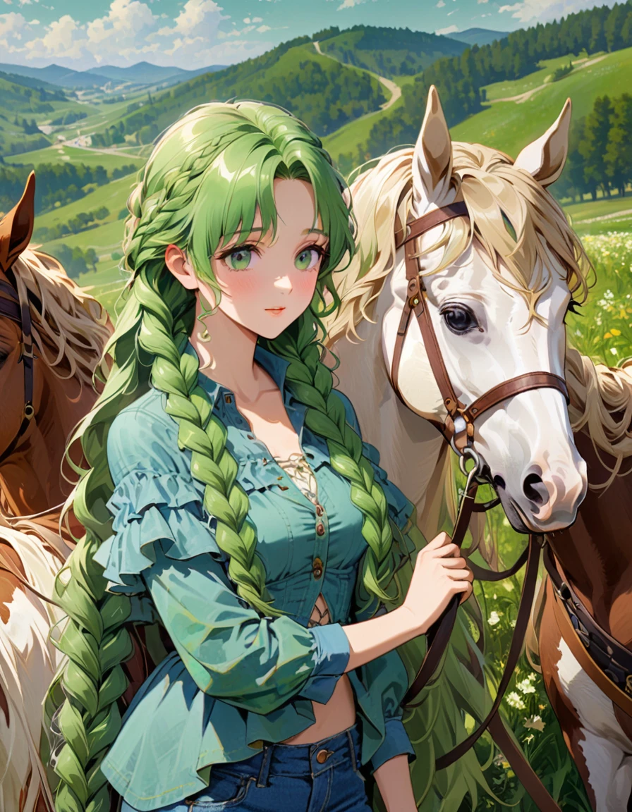 Girl with long hair in a denim shirt, Renaissance, светлые волосы заплетены в braids, braids, gorgeous hair, green glazes, background of meadows on which horses hang