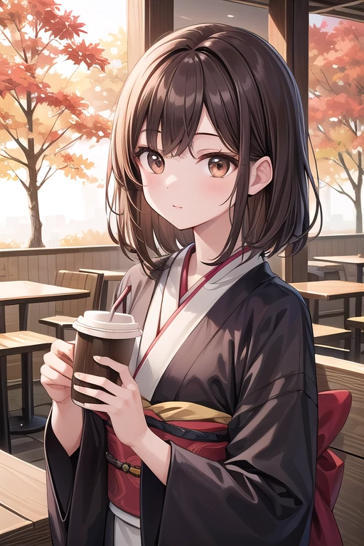 Solo Girl, 20-year-old,Medium Hair, Dark brown hair, Brown eyes, Mid-chest, kimono、Cafe、Drink coffee、Autumn of autumn leaves、 highest quality, High resolution, Very detailed, Detailed Background, Perfect lighting