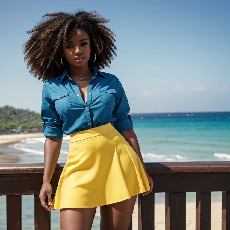 Ultra-realistic, 4k, professional photo, 22 year old girl, black girl, big curly hair, HDR, detailed face, medium body, yellow skirt with flower, (open unbuttoned blue shirt), Masterpiece, (lighting), (1solo), beach background, realistic background, realistic photo, topless