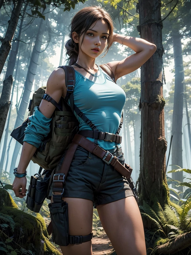 One girl, One solo, Lara Croft, (pale blue top, brown shorts, tactical harness, gun belt with holsters, canvas backpack)sensual perfect body, medium perfect breasts, timeless beauty, athletic body,dynamic action pose, Full body shot, in a dark wooded mysterious forest, Hyper realistic, Strong and vibrant colors