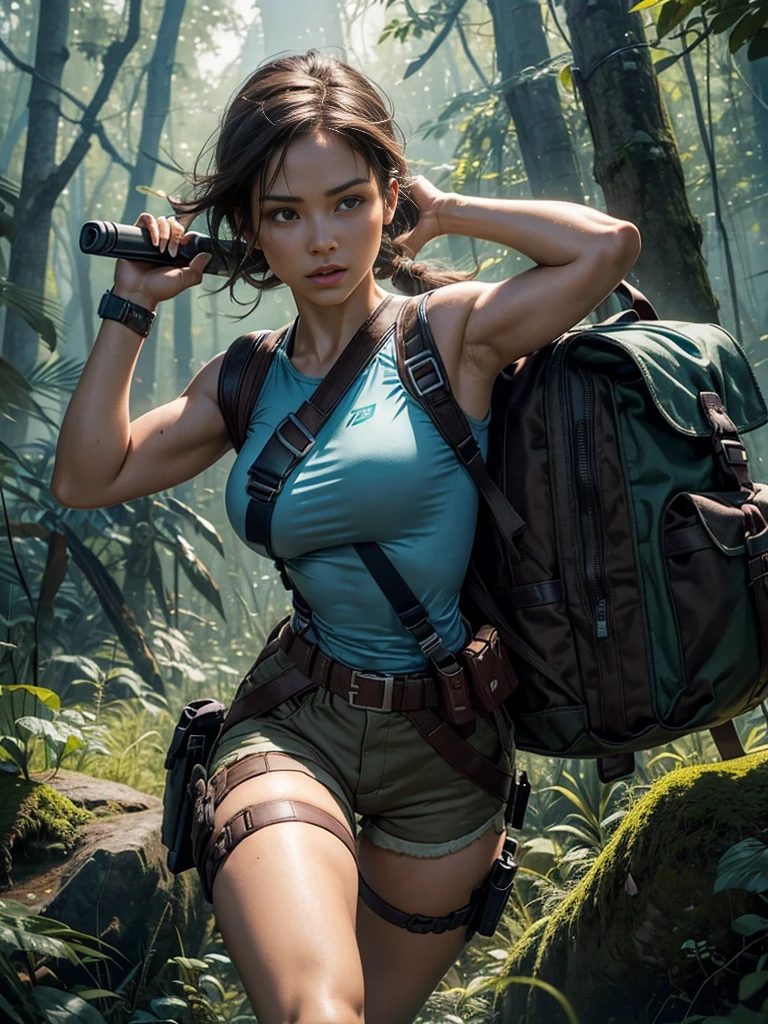 One girl, One solo, Lara Croft, (pale blue top, brown shorts, tactical harness, gun belt with holsters, canvas backpack)sensual perfect body, medium perfect breasts, timeless beauty, athletic body,dynamic action pose, Full body shot, in a dark wooded mysterious forest, Hyper realistic, Strong and vibrant colors