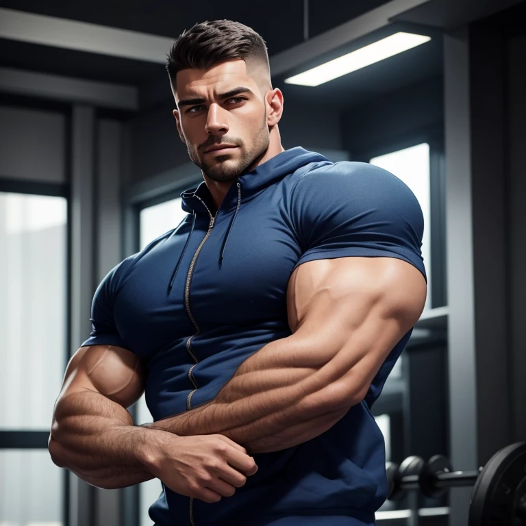a very handsome man, tall, with a mid fade haircut, with massively large muscles, with massively large and muscular arms, with massively large biceps, wearing a dark blue sweatshirt with a zipper, seen from very close up