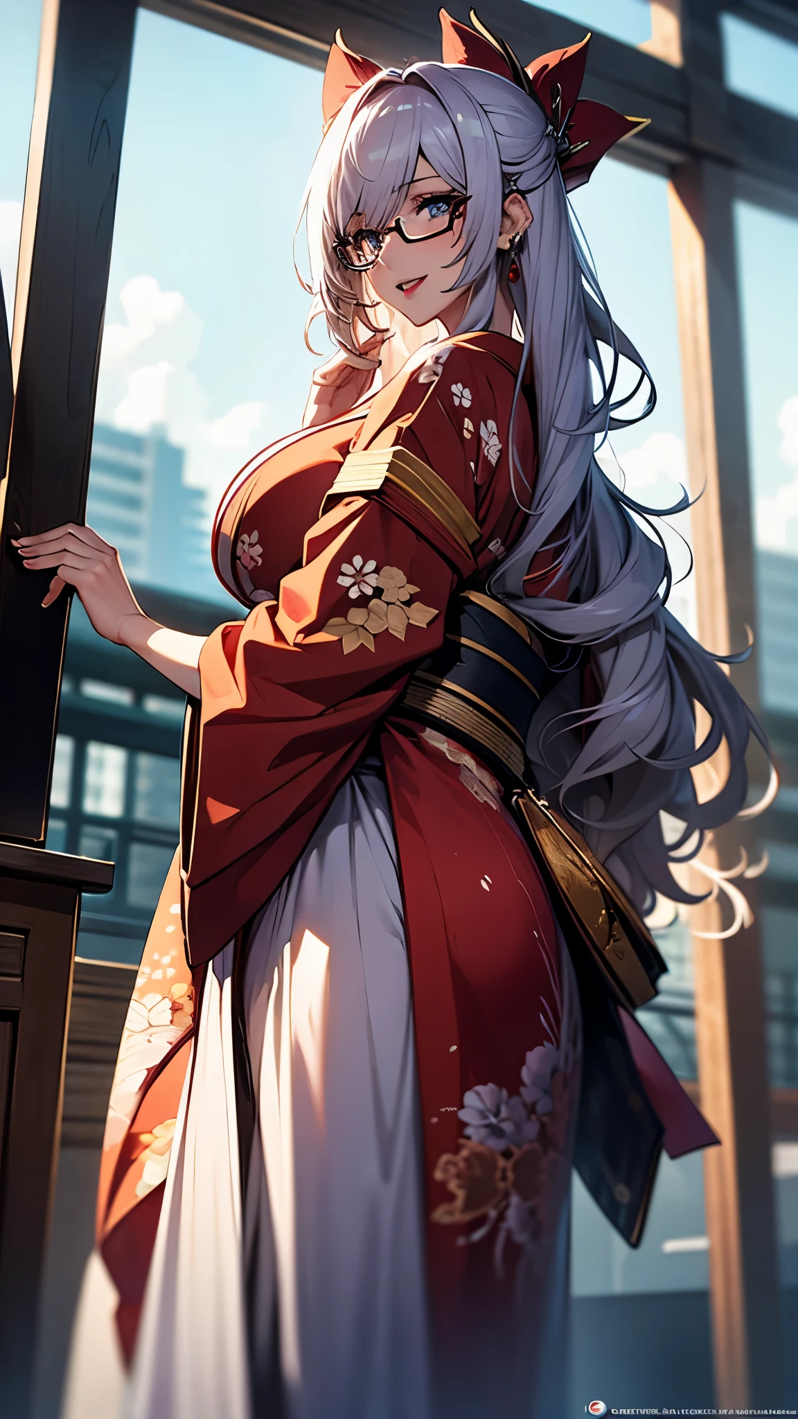 (1girl:1.3), Masterpiece, Best quality, amazing beauty, [[3D]], 4K, absurdres, finely detail, super detailed eye, perfect anatomy, official art, cinematic lighting, BREAK, garden, silky long hair, silky wavy hair, purple hair, super shiny detailed blue eyes, big eyes, watery eyes, cute eyes, thin eyebrow, Looking Over Shoulder, open-mouth, plump lips, wide smile, mascara, rouge, Eyeshadow, red lips, red round cell frame glasses, piercing, Excited, BREAK , huge breasts, tall, slender, black skin, gloss skin, raise arm, cowboy shot, from below, dutch angle, BREAK , , BREAK,(Glasses),(twelve-layered ceremonial kimono (worn by a court lady):1.3)