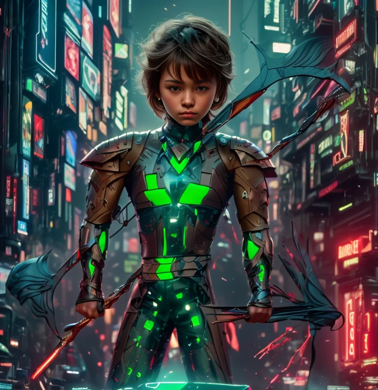 (ultra realistic,32k, masterpiece:1.2, UHD),(high detailed skin:1.1),( high quality:1.1), 1 boy, brown short hairs, brown eyes, green nuances techno fantasy armor, cyberpunk, techno fantasy bow with energy arch,( energy arrows), caucasian race, light decourations