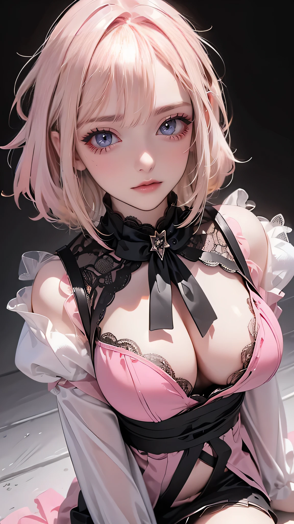 full body,(breast squeeze:1.2),(Thin type:1.5),(large breasts),(wearing glasses:1.5),(half color hair black and pink:1.5),(random hairstyle),(Highest image quality, (8K), Ultra-realistic, Best Quality, High quality, High Definition, high quality texture, high detailing, Beautiful detailed, fine detailed, extremely details CG, Detailed texture, realistic representation of face, masterpiece, presence)