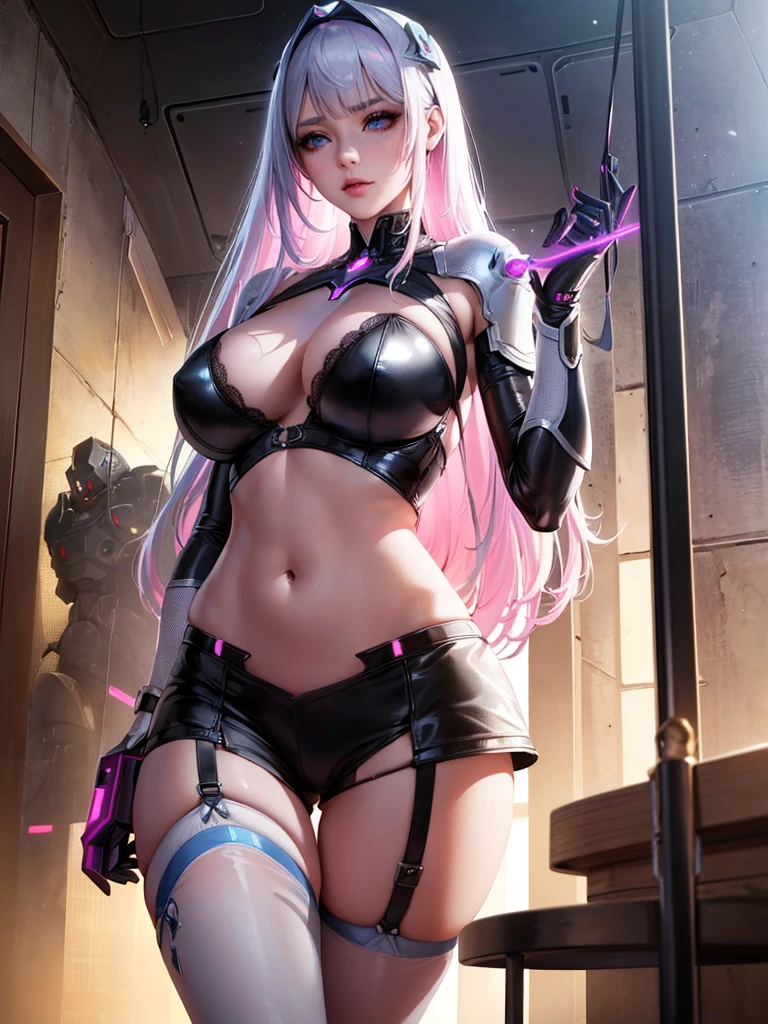 1girl, pretty girl, android girl, half futuristic silver armor, half lingerie with stockings and garter belt, bustier with lace bra, slim body, purple detailled eyes, pink and white hair, extremely detailed face, perfect facial symmetry, perfect body, on unknown planet with laser sword and futuristic spaceship, concept art, digital painting, cinematic lighting, dramatic shadows, vibrant colors, intricate details, hyperrealistic, (best quality,4k,8k,highres,masterpiece:1.2),ultra-detailed,(realistic,photorealistic,photo-realistic:1.37)