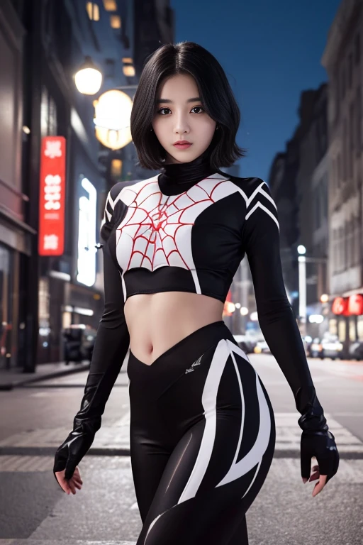 (Highly quality, masterpiece, detailed), Night city detailed scenario, night city detailed background, 20 years old girl, black hair, 1girl, CindyMoon, cindymoon, short hair, Black top, white top, black botton, white bottom, long bottom, spider web print, Crop top, Long Sleeves, Gloves, red finger gloves Abdomen, Expressionless, Navel, beautiful eyes, perfect eyes, looking at the viewer, Sexy pose