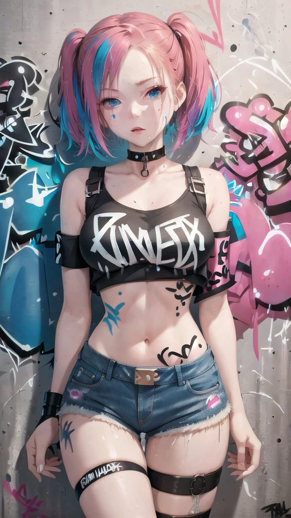 masterpiece, best quality, 1girl, solo, crop top, denim shorts, choker, (graffiti:1.5), paint splatter, arms behind back, against wall, looking at viewer, armband, thigh strap, paint on body, head tilt, bored, multicolored hair, aqua eyes, headset,