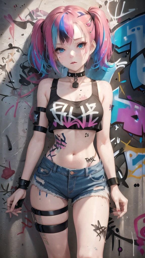 masterpiece, best quality, 1girl, solo, crop top, denim shorts, choker, (graffiti:1.5), paint splatter, arms behind back, against wall, looking at viewer, armband, thigh strap, paint on body, head tilt, bored, multicolored hair, aqua eyes, headset,