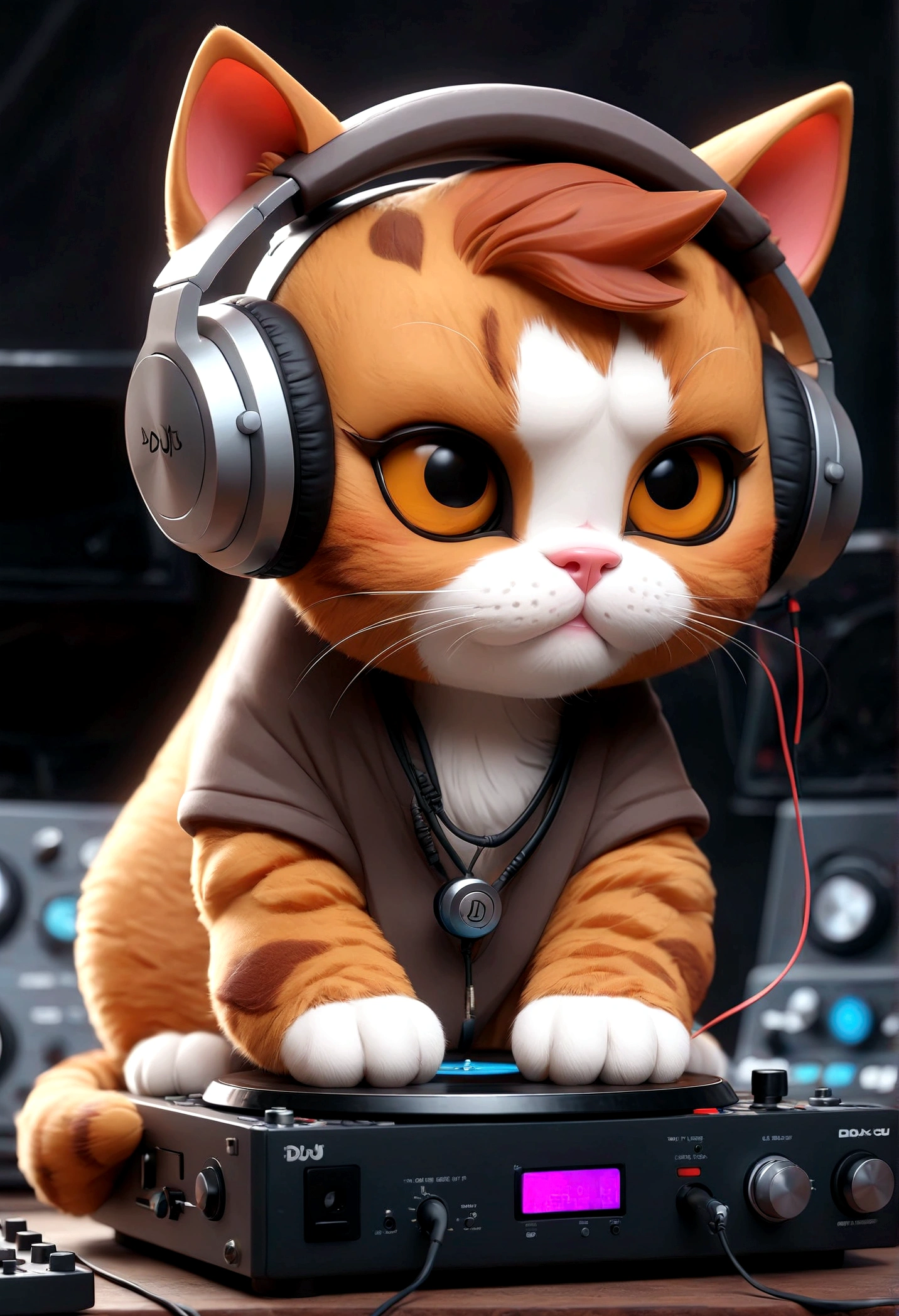 ３Cute cat DJ in D-style drawing,Headphones and DJ turntables,sunglasses,