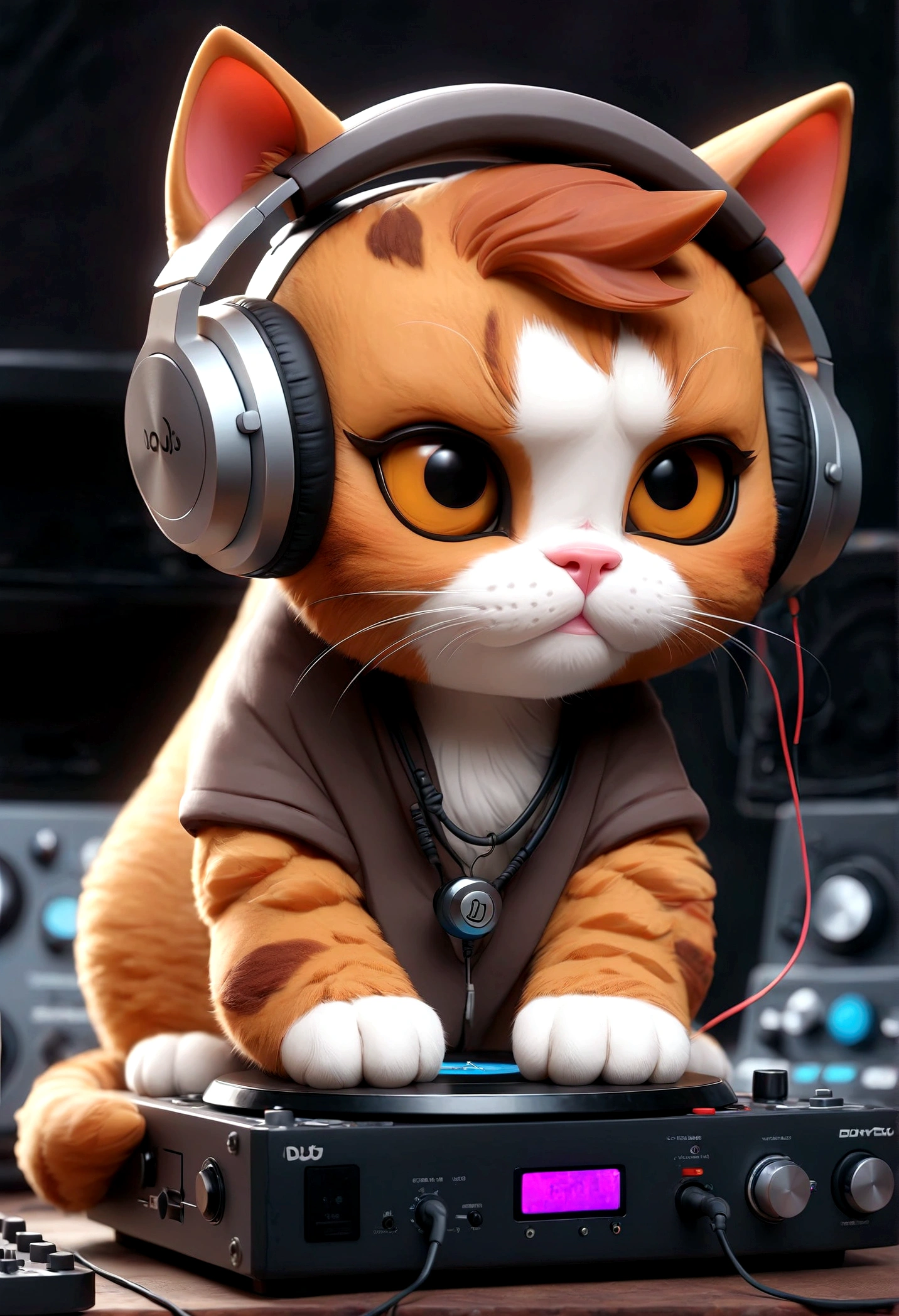 ３Cute cat DJ in D-style drawing,Headphones and DJ turntables,sunglasses,