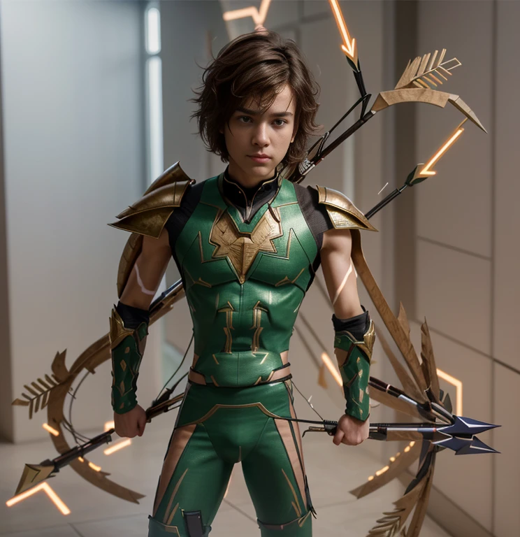 (ultra realistic,32k, masterpiece:1.2, UHD),(high detailed skin:1.1),( high quality:1.1), 1 boy, brown short hairs, brown eyes, green techno fantasy armor, cyberpunk, techno fantasy decourated bow with energy arch,( energy arrows), caucasian race, light decourations