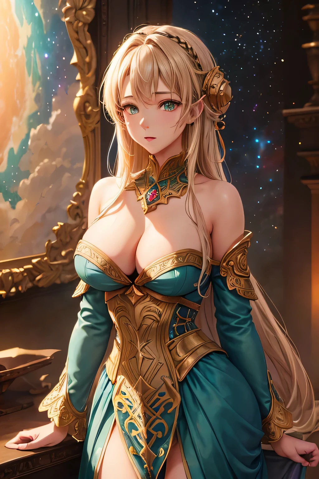 a girl with light colored hair,detailed teal dress,sexy viking armor,standing,rainbow colored cosmic nebula background,stars,galaxies,intricate details,perfect face,best quality,4k,8k,highres,masterpiece:1.2,ultra-detailed,realistic,photorealistic,photo-realistic:1.37,HDR,UHD,studio lighting,ultra-fine painting,sharp focus,physically-based rendering,extreme detail description,professional,vivid colors,bokeh,fantasy,digital art green eyes