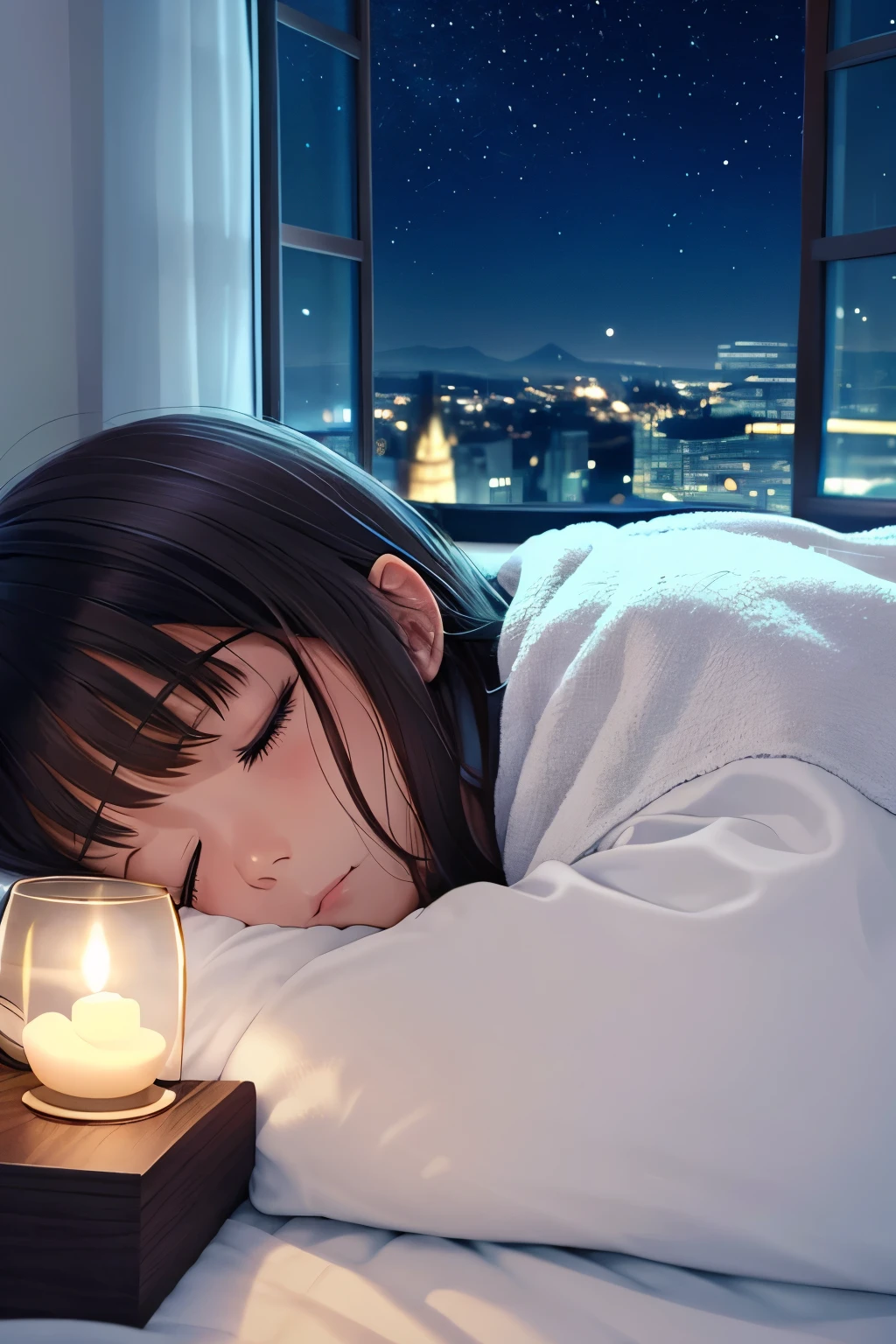 The image shows a girl sleeping peacefully in a bed, en un entorno nocturno. The room has a large window that offers a view of a city illuminated by night lights. The girl is covered by a white blanket and appears to be in a deep sleep, with a calm expression on his face. The lighting is soft, dando un ambiente sereno y relajante a la escena.a woman sleeping peacefully in a bed, en un entorno nocturno. The room has a large window that offers a view of a city illuminated by night lights. The girl is covered by a white blanket and appears to be in a deep sleep, with a calm expression on his face. The lighting is soft, dando un ambiente sereno y relajante a la escena.
