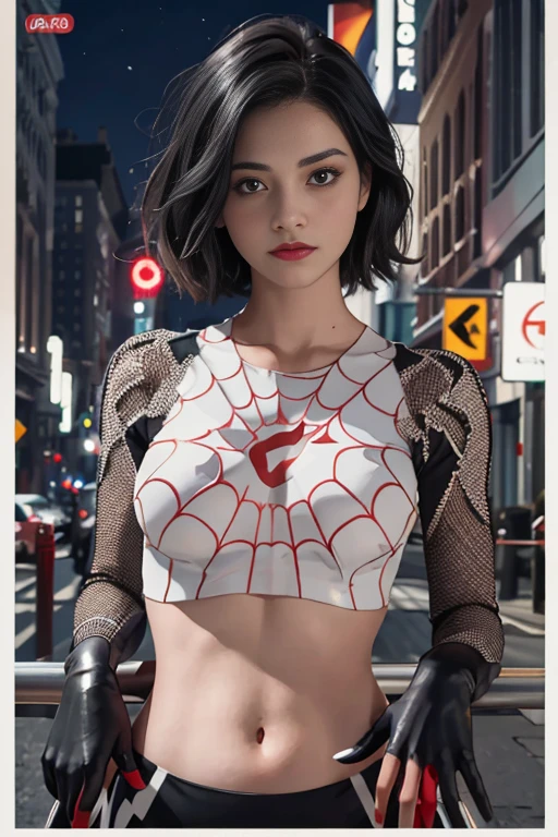 (Highly quality, masterpiece, detailed), Night city detailed scenario, night city detailed background, 20 years old girl, black hair, 1girl, CindyMoon, cindymoon, short hair, Black top, white top, black botton, white bottom, long bottom, spider web print, Crop top, Long Sleeves, Gloves, red finger gloves Abdomen, Expressionless, Navel, beautiful eyes, perfect eyes, looking at the viewer, Sexy pose