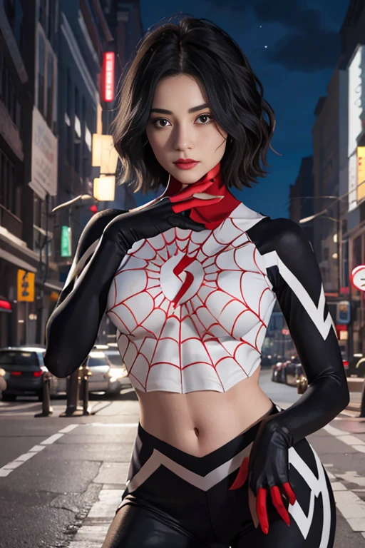 (Highly quality, masterpiece, detailed), Night city detailed scenario, night city detailed background, 20 years old girl, black hair, 1girl, CindyMoon, cindymoon, short hair, Black top, white top, black botton, white bottom, long bottom, spider web print, Crop top, Long Sleeves, Gloves, red finger gloves Abdomen, Expressionless, Navel, beautiful eyes, perfect eyes, looking at the viewer, Sexy pose