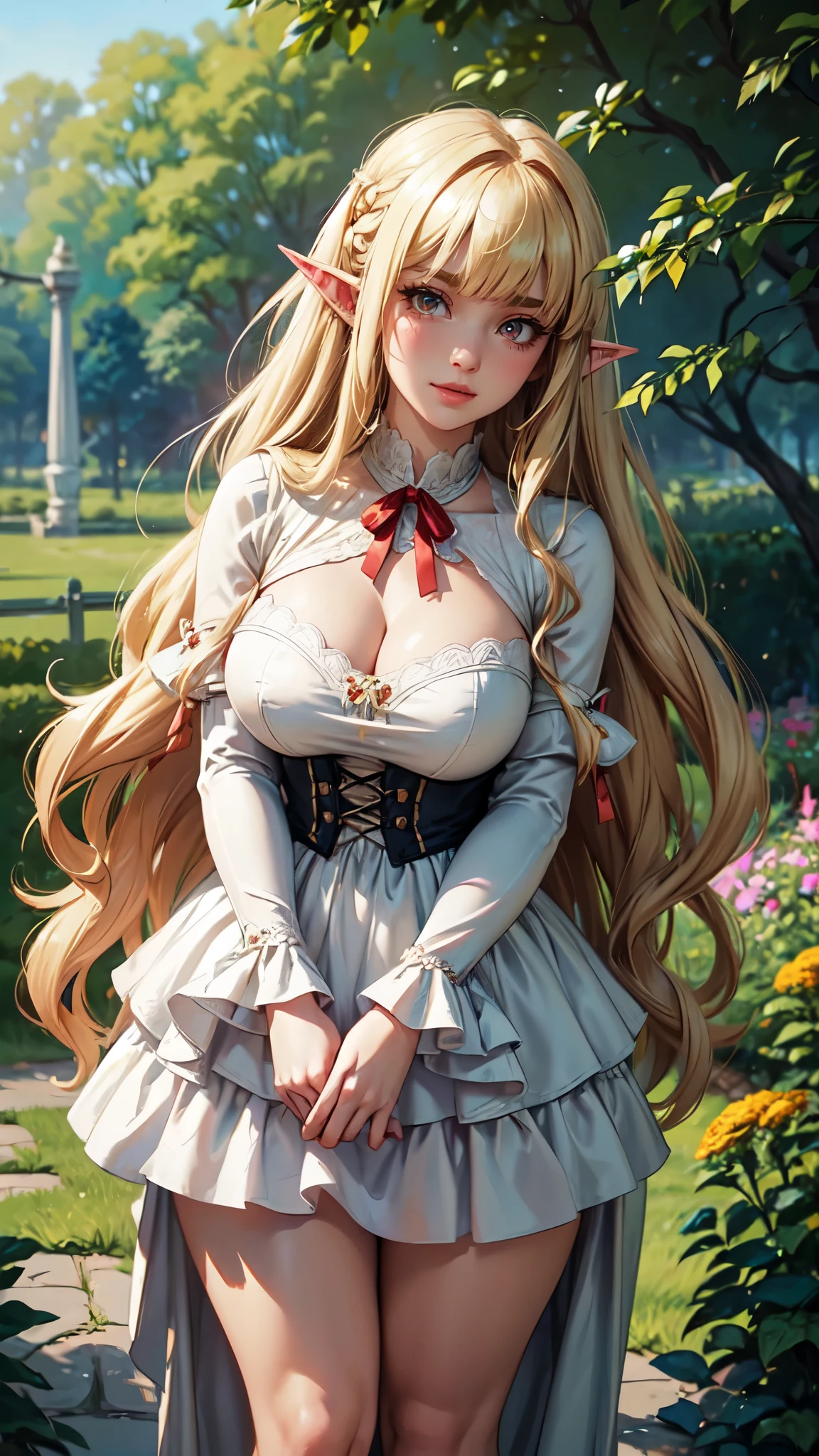 Original Character, Volumetric Lighting, Best Shadows, Shallow Depth of Field, Close Up Of Stunningly Beautiful Girl, , Wide Hips, Thick Thighs, Slight Chubby, , Delicate Beautiful Attractive Face With Alluring Red Eyes, Sharp Eyebrows, Half Open Eyes, Elf ears, Cute Smile, Lovely Big Breasts, Layered Long Blond Hair With Ribbon Tied To A Part Of Hair On The Side, Blunt Bangs, Long Straight Hair, Pale Skin, Ear Piercings, Blush Eyeshadow, Blonde Thick Eyelashes, Long eyelashes, Slim Waist, Lace ta Princess Dress, (Garden Background:1.1) , Standing , Half-Body, Posing, (Highest Quality, Amazing Details:1.25), (Solo:1.3), Brilliant Colorful Paintings, Looking At Viewer, detailed face, detailed hands, detailed eyes