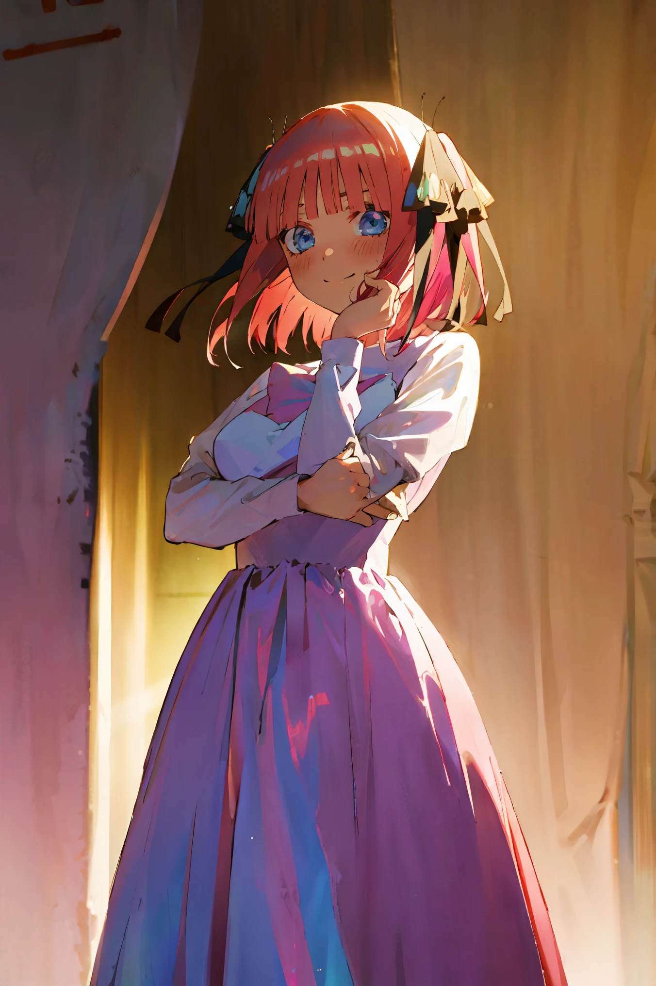 Nino Nakano、pink hair、hair ribbon、a smile、flowing ballgown, iridescent splendid dress, masterpiece, 4k, ultradetailed, cowboy shot, blue headset around neck, one strand of hair across her face, blue eyes, innocent, tender, lovely, dynamic pose, interesting pose, expressive face, full body, cute, flowing iridescent ballgown, pretty ballgown dress