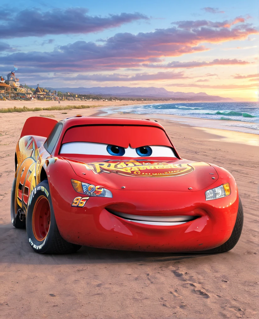 ethereal fantasy concept art of black tires,eyes,lightning_mcqueen, mouth, race car,race decals, racing tires ,red car, stickers ,teeth, tongue out, on beach, sunset, ocean in the background, magnificent, celestial, ethereal, painterly, epic, majestic, magical, fantasy art, cover art, dreamy