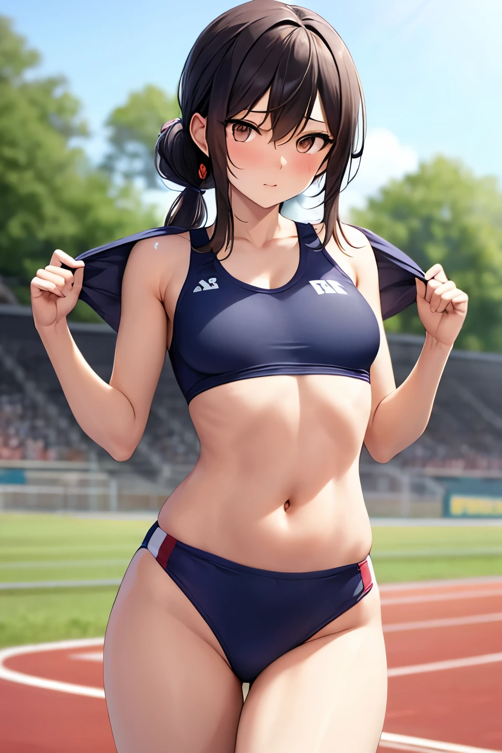 Track and field uniform, belly on exposed, beautiful woman, small breaeola, shy