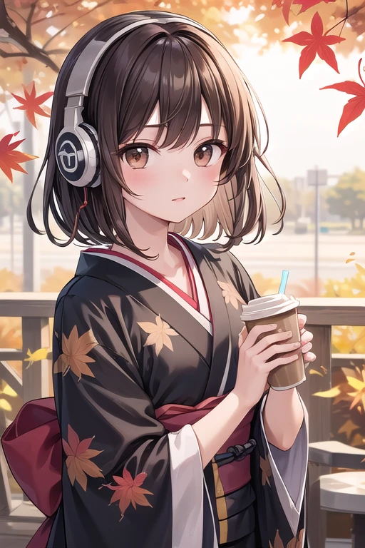 Solo Girl, 20-year-old,Medium Hair, Dark brown hair, Brown eyes, Mid-chest, kimono、hair ornaments、headphone、listen to music、Cafe、Drink coffee、Autumn of autumn leaves、 highest quality, High resolution, Very detailed, Detailed Background, Perfect lighting