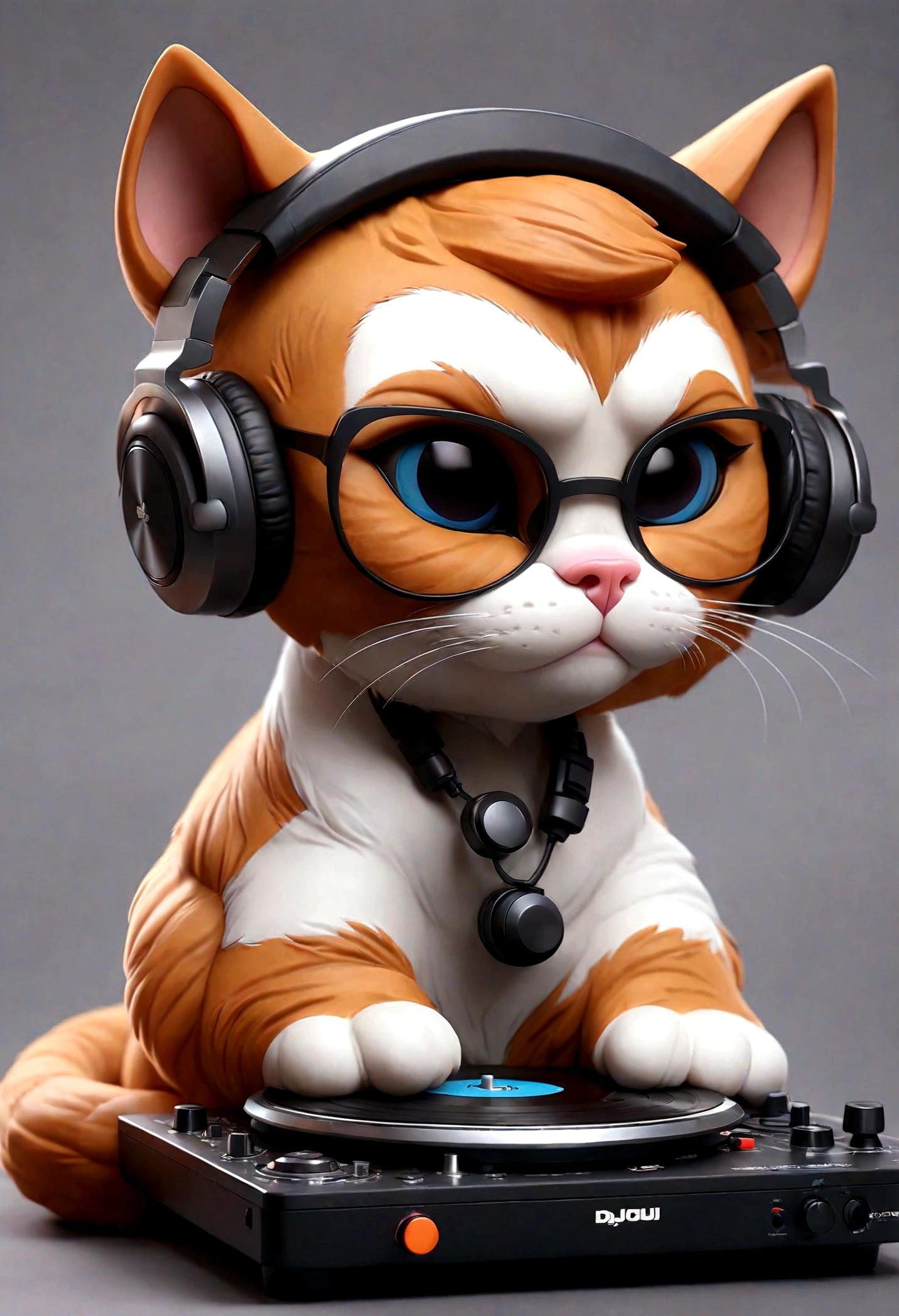 3Cute cat DJ in D-style drawing,Headphones and DJ turntables,sunglasses,