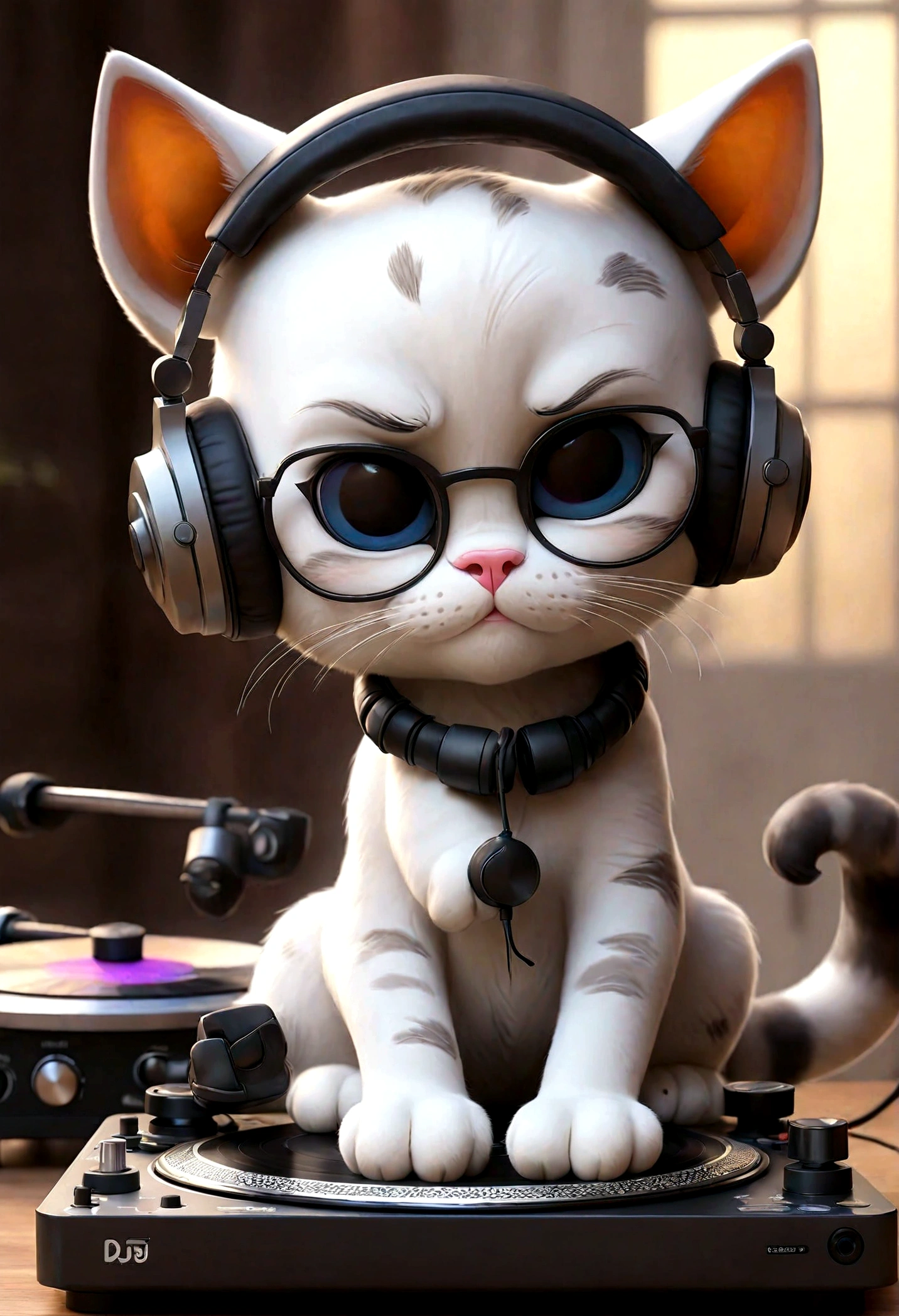 3Cute cat DJ in D-style drawing,Headphones and DJ turntables,sunglasses,