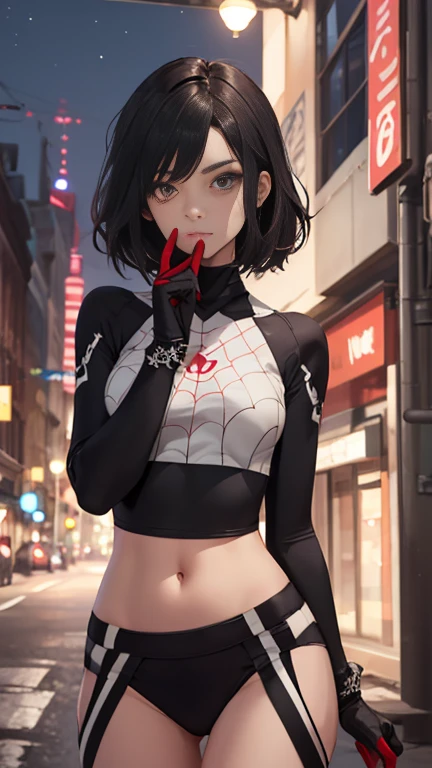 (Highly quality, masterpiece, detailed), Night city detailed scenario, night city detailed background, 20 years old girl, black hair, 1girl, CindyMoon, cindymoon, short hair, Black top, white top, black botton, white bottom, long bottom, spider web print, Crop top, Long Sleeves, Gloves, red finger gloves Abdomen, Expressionless, Navel, beautiful eyes, perfect eyes, looking at the viewer, Sexy pose