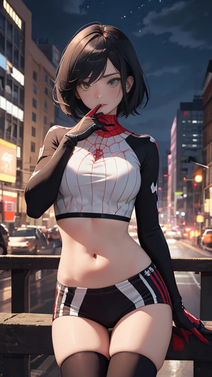 (Highly quality, masterpiece, detailed), Night city detailed scenario, night city detailed background, 20 years old girl, black hair, 1girl, CindyMoon, cindymoon, short hair, Black top, white top, black botton, white bottom, long bottom, spider web print, Crop top, Long Sleeves, Gloves, red finger gloves Abdomen, Expressionless, Navel, beautiful eyes, perfect eyes, looking at the viewer, Sexy pose