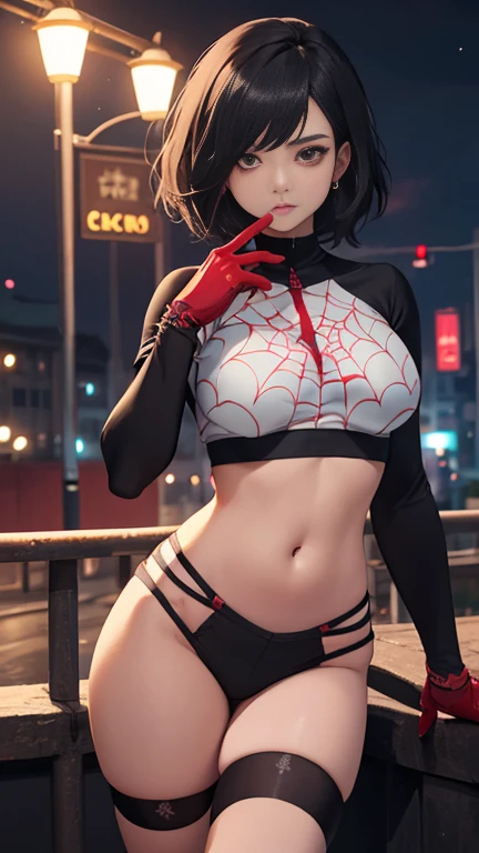 (Highly quality, masterpiece, detailed), Night city detailed scenario, night city detailed background, 20 years old girl, black hair, 1girl, CindyMoon, cindymoon, short hair, Black top, white top, black botton, white bottom, long bottom, spider web print, Crop top, Long Sleeves, Gloves, red finger gloves Abdomen, Expressionless, Navel, beautiful eyes, perfect eyes, looking at the viewer, Sexy pose