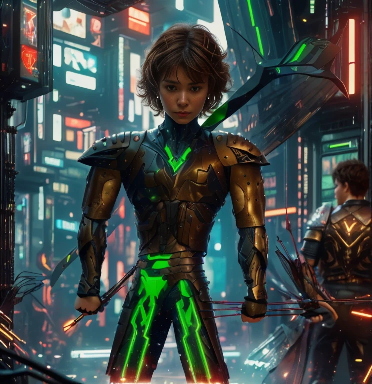 (ultra realistic,32k, masterpiece:1.2, UHD),(high detailed skin:1.1),( high quality:1.1), 1 boy, brown short hairs, brown eyes, green techno fantasy armor, cyberpunk, techno fantasy bow with energy arch,( energy arrows), caucasian race, light decourations