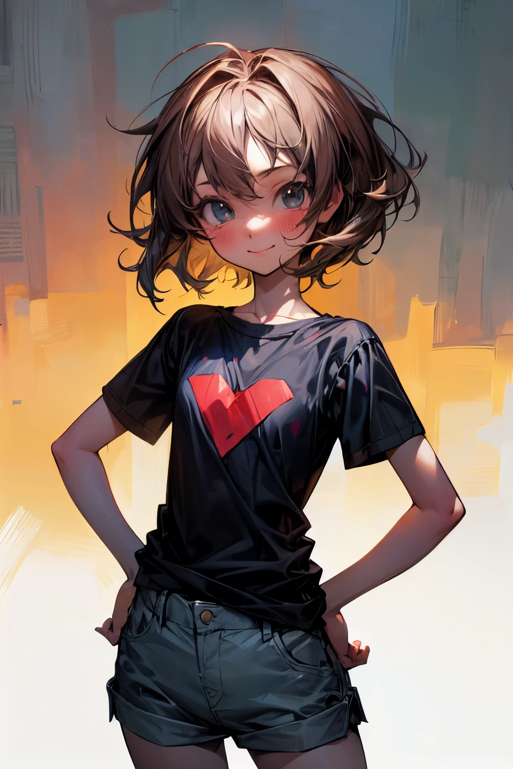 ((Masterpiece)), ((best quality)), (Anime:1.3), (super detail:1.2), (High Definition:1.3), (Professional Photography:1.4), (sharp focus), (perfect light), (()), 1girl, portrait shot, from front, ((Plain black T-shirt)), cute teenage girlper cute face, pale brown hair, messy medium hair, (flat chest), Healthy skin, blush, smile, standing on white background, place hands on hips, short pant, (Healthy slim body),