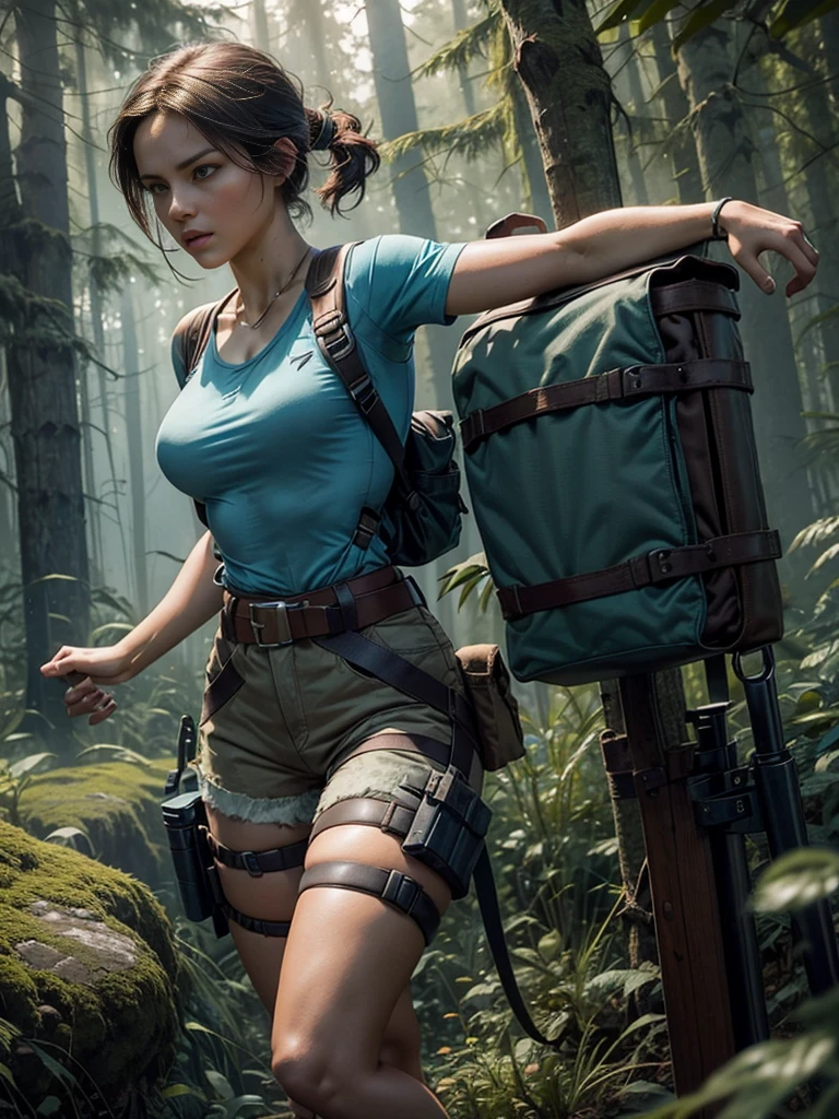 One girl, One solo, Lara Croft, (pale blue top, brown shorts, tactical harness, gun belt with holsters, canvas knapsack)sensual perfect body, medium perfect breasts, timeless beauty, athletic body,dynamic action pose, Full body shot, in a dark wooded mysterious forest, Hyper realistic, Strong and vibrant colors