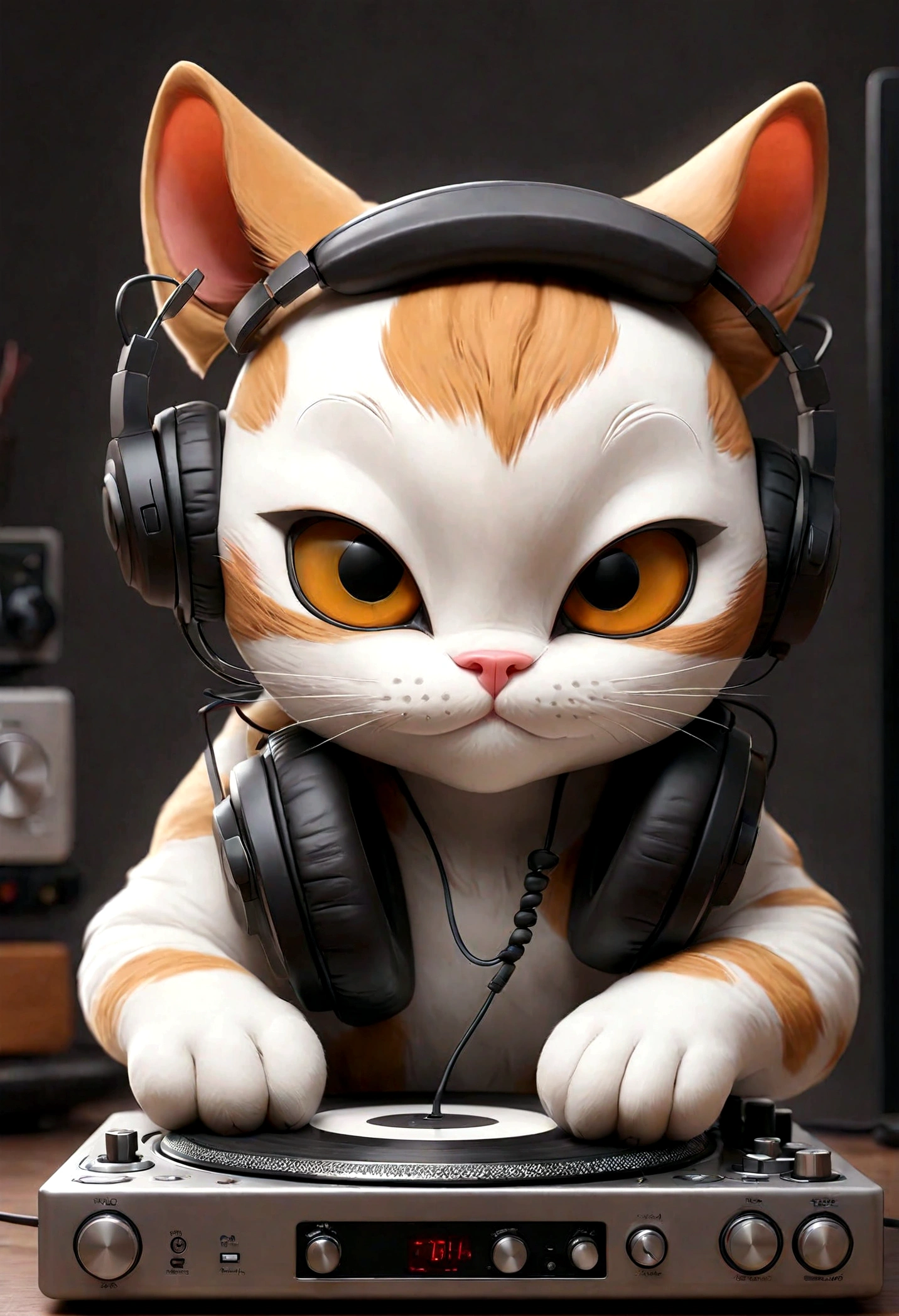 3Cute cat DJ in D-style drawing,Headphones and DJ turntables,smile