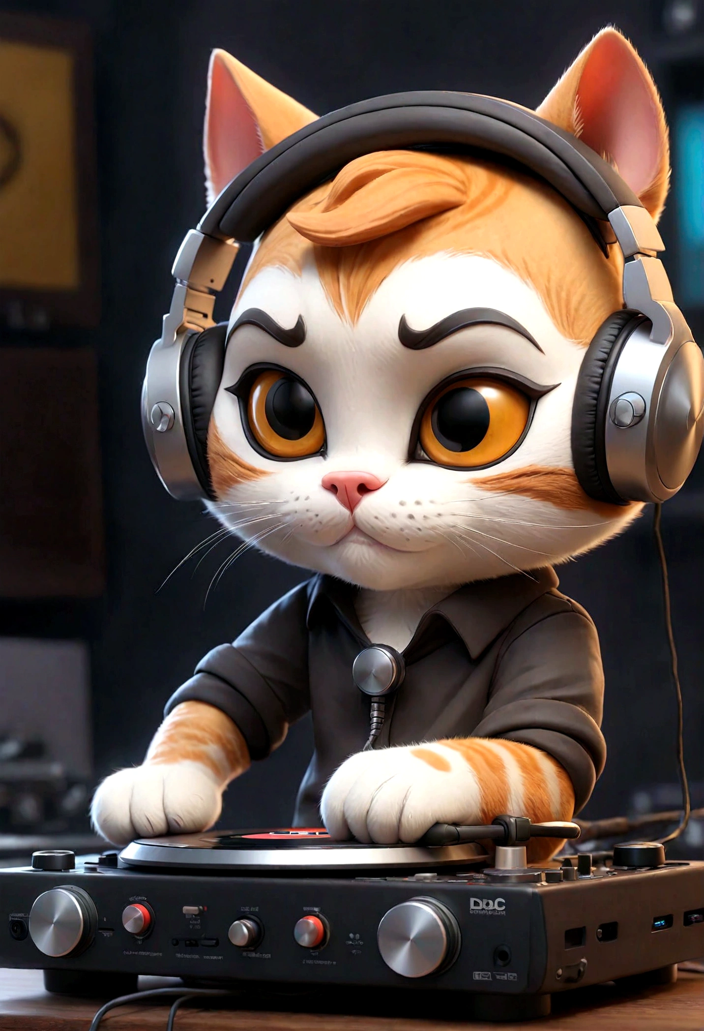 3Cute cat DJ in D-style drawing,Headphones and DJ turntables,smile
