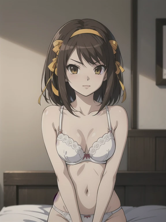 (A superb exquisite haruhi suzumiya), (haruhi suzumiya:1.5), , brown eyes, brown hair, natural straight hair, hairband, ribbon, straight bangs, solo, nature, extremely delicate, straight facial features, peerless beautiful girl, soft, (sensual face), (( face)), dreamy quality, exaggerated facial features, vivid color, , delicate face, bright lips, slender waist, soft curves, real light and shadow, super fine, 4k, natural moving, Ultra high resolution, sexy i-nude modsexy pose, Ua high definition white bra and panties, erect ,Medium c slend, (bedroom),