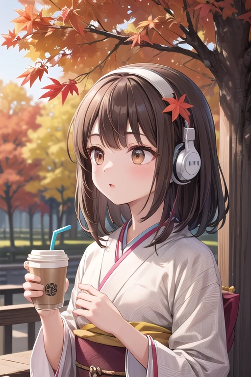 Solo Girl, 20-year-old,Medium Hair, Dark brown hair, Brown eyes, Gazing into the distance、Mid-chest, kimono、hair ornaments、headphone、listen to music、Cafe、Drink coffee、Autumn of autumn leaves、 highest quality, High resolution, Very detailed, Detailed Background, Perfect lighting